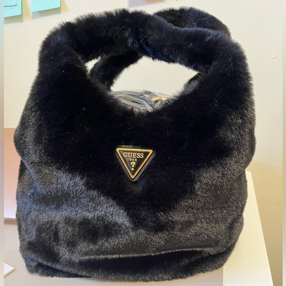 Guess Black fur bucket bag with belt strap